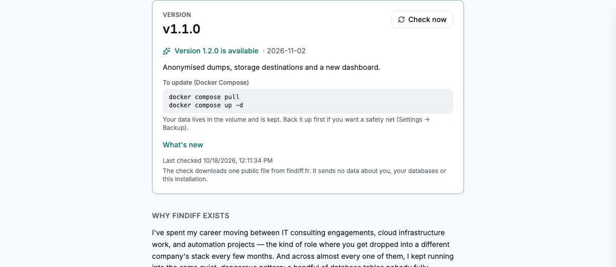 About page showing the running version, an available update, its notes and the update commands