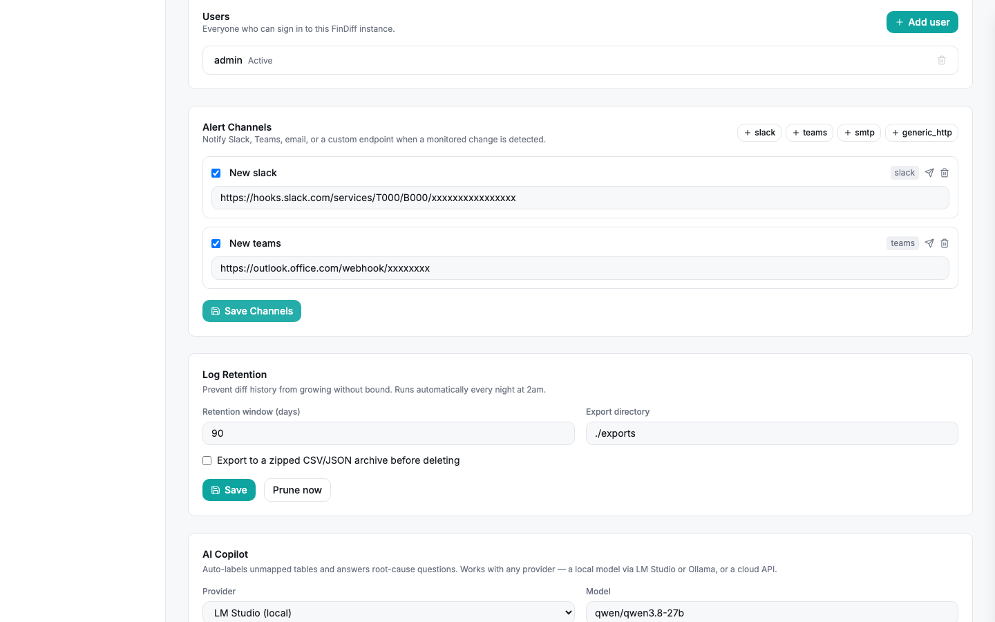 Alert channels configured for Slack and Microsoft Teams