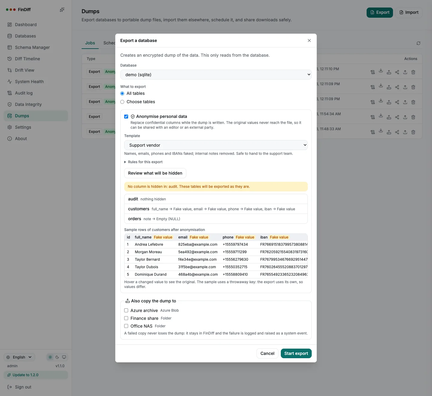 Export dialog with an anonymisation template, the list of hidden columns and sample rows of fake values
