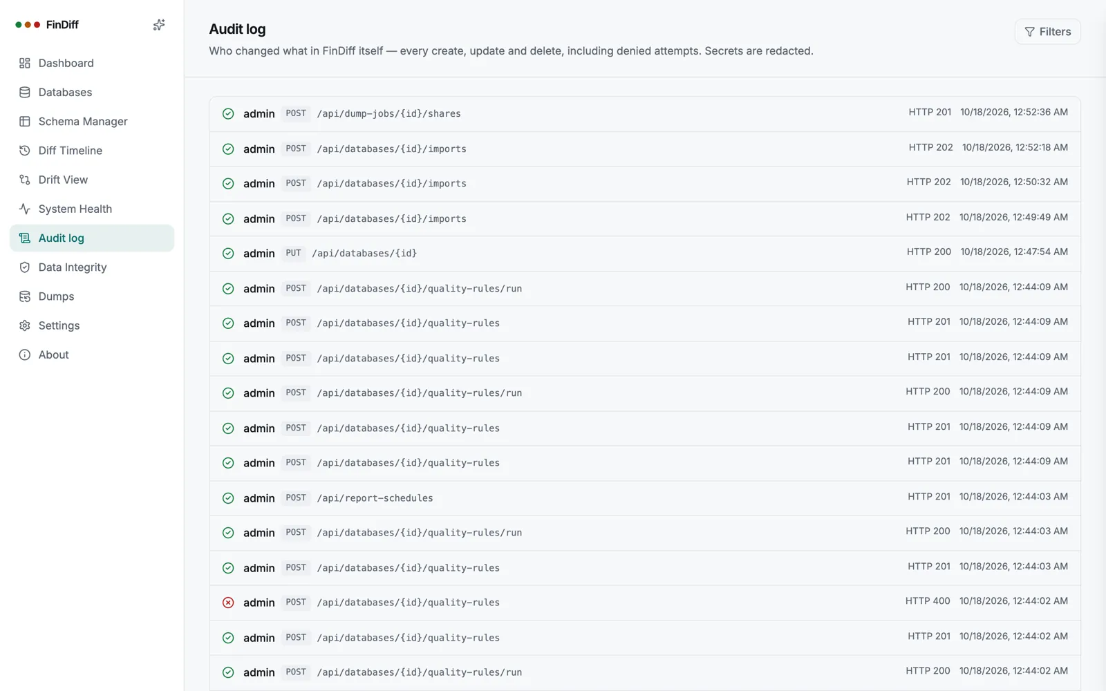 Audit log listing who did what and when