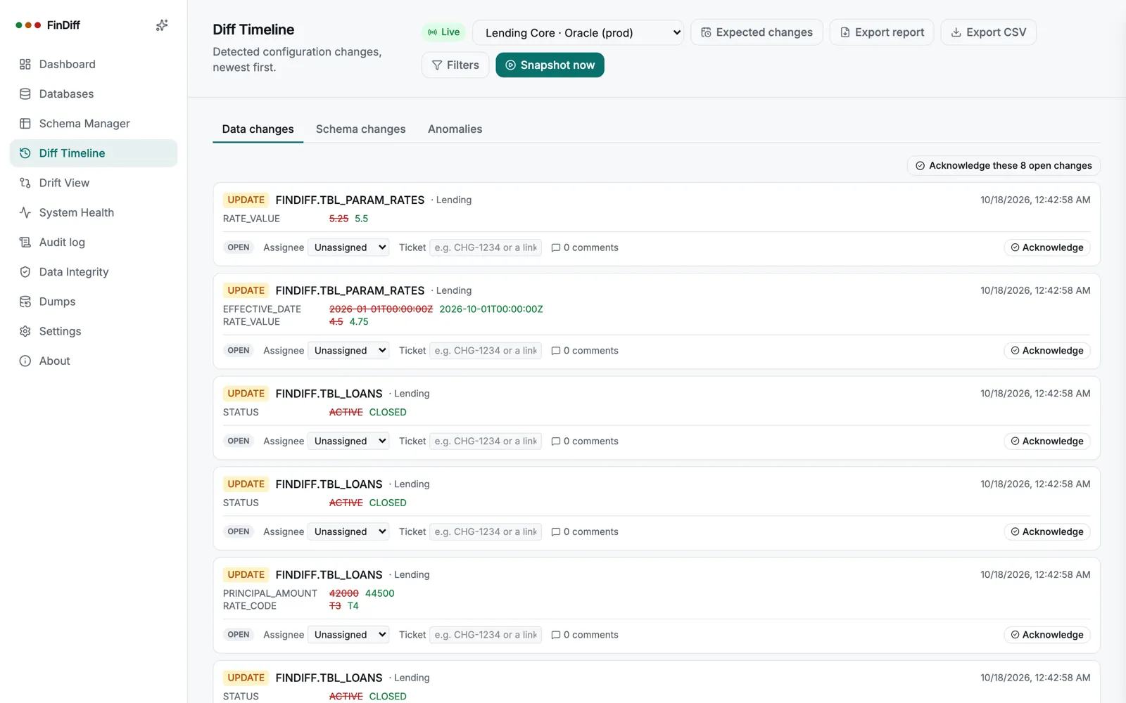 Diff Timeline for the Oracle production database showing detected updates with old and new values