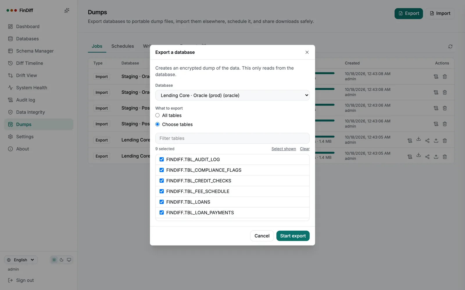 Export dialog for the Oracle production database with its FINDIFF tables selected