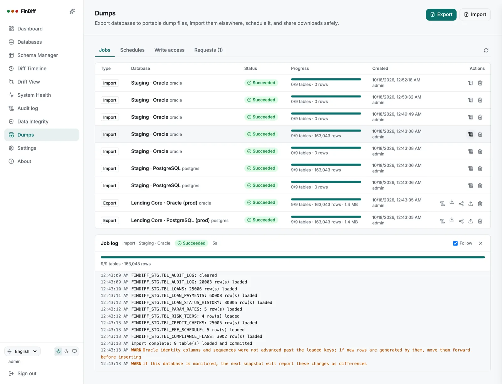 Live job log of an Oracle import loading nine tables and committing