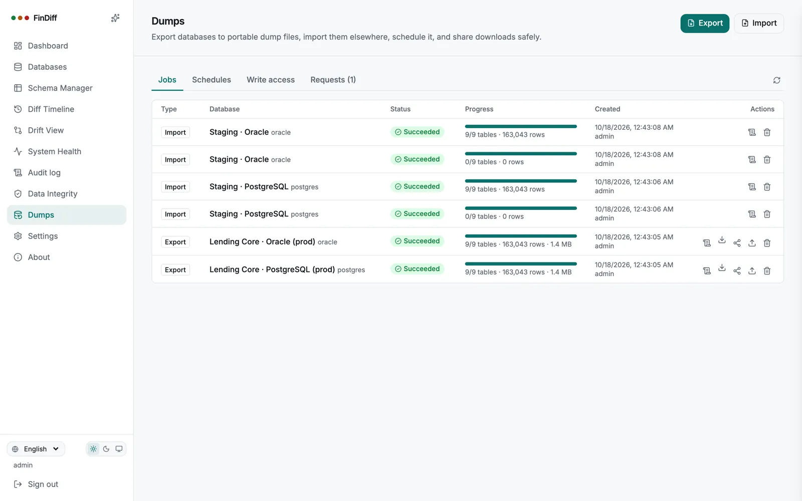 Dumps: every export and import, with progress and row counts