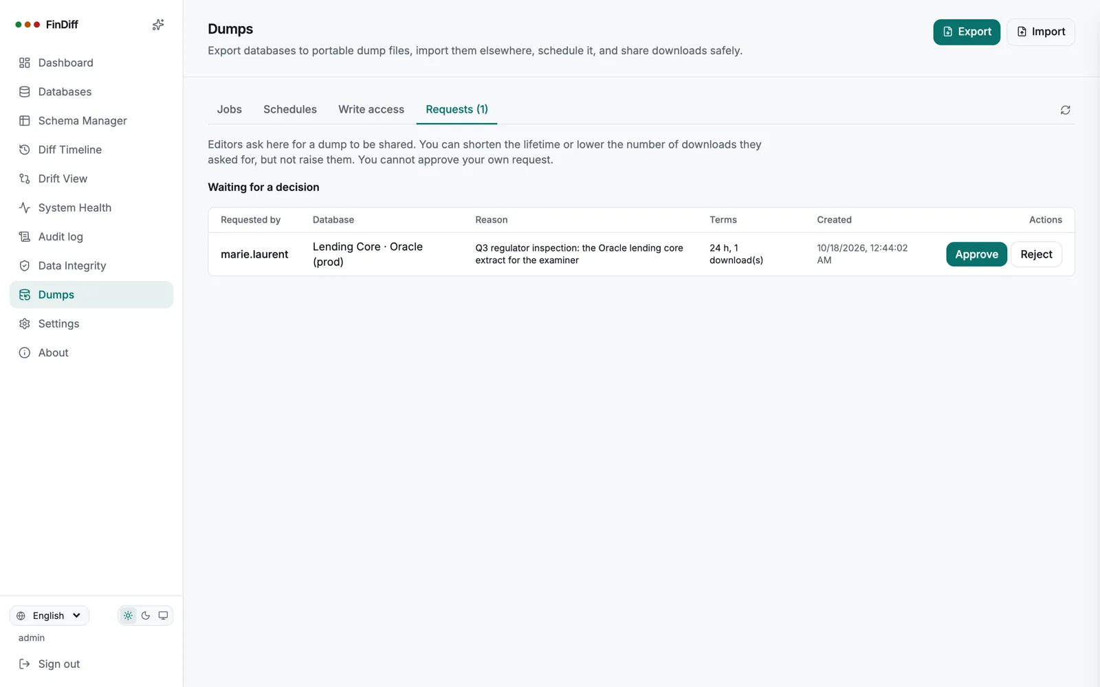 Requests tab with a pending request from an editor and Approve and Reject buttons