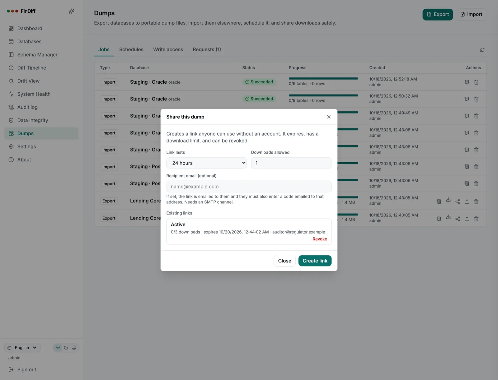 Share dialog with lifetime, download limit, recipient email and an existing active link