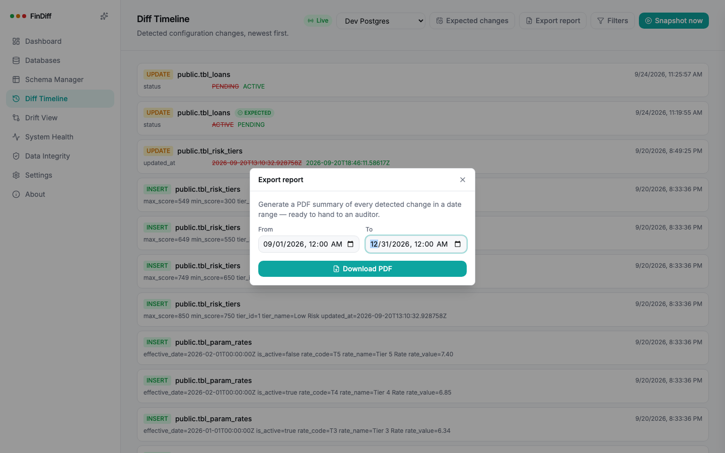 Export report modal for generating a compliance PDF