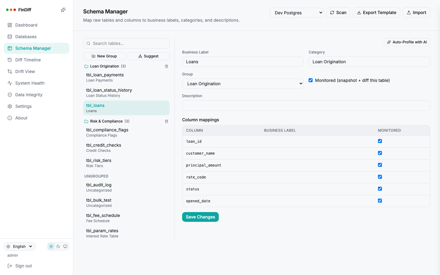 Schema Manager mapping raw tables to business labels and groups