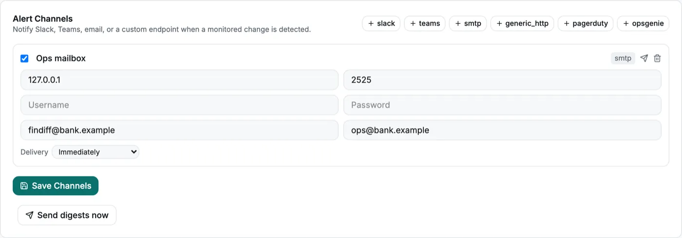 Alert channels settings with an SMTP channel