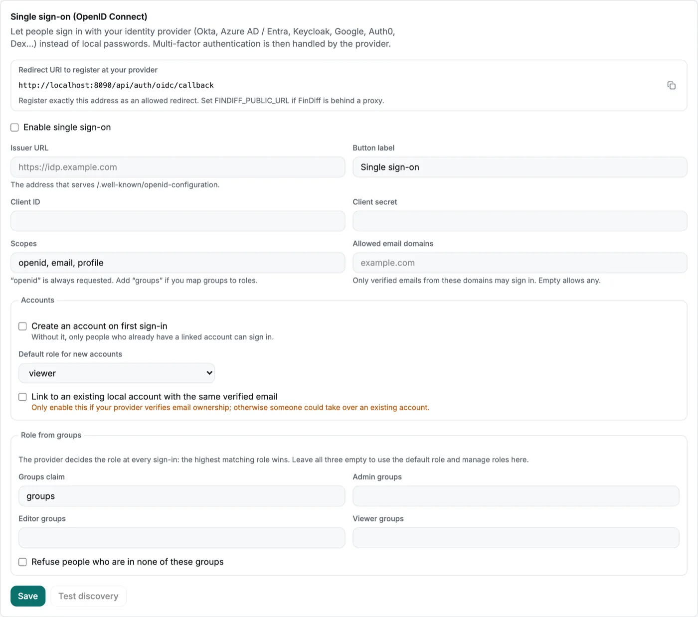 Single sign-on settings with redirect URI, issuer, client and group role mapping