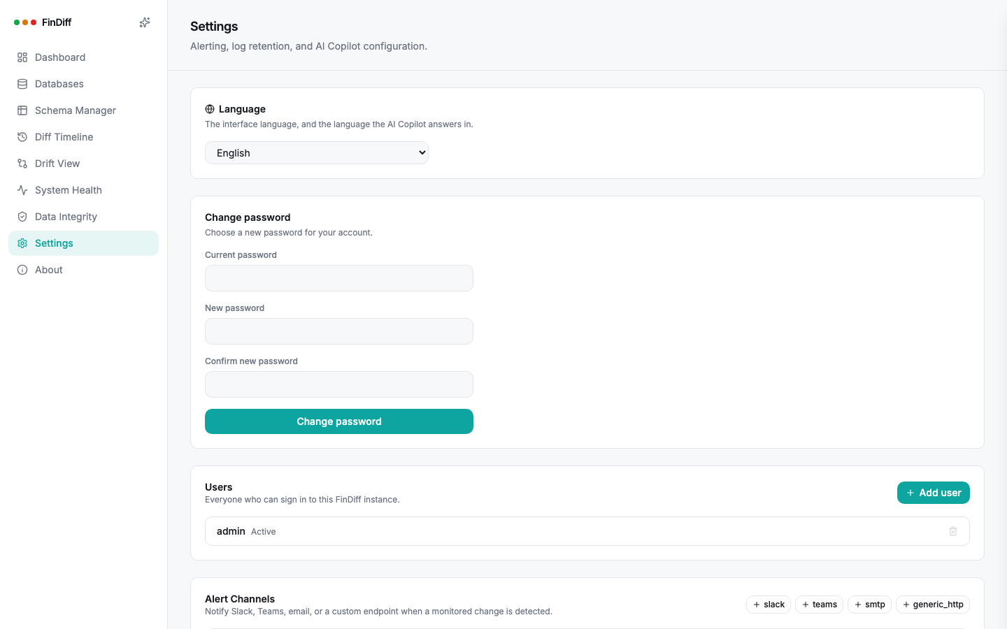 Settings page with users and alert channels