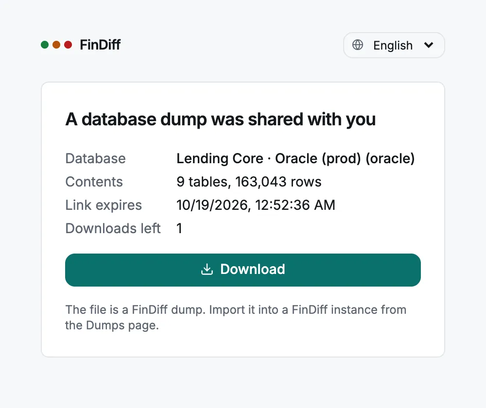 Public page for a shared dump showing database, contents, expiry and a Download button