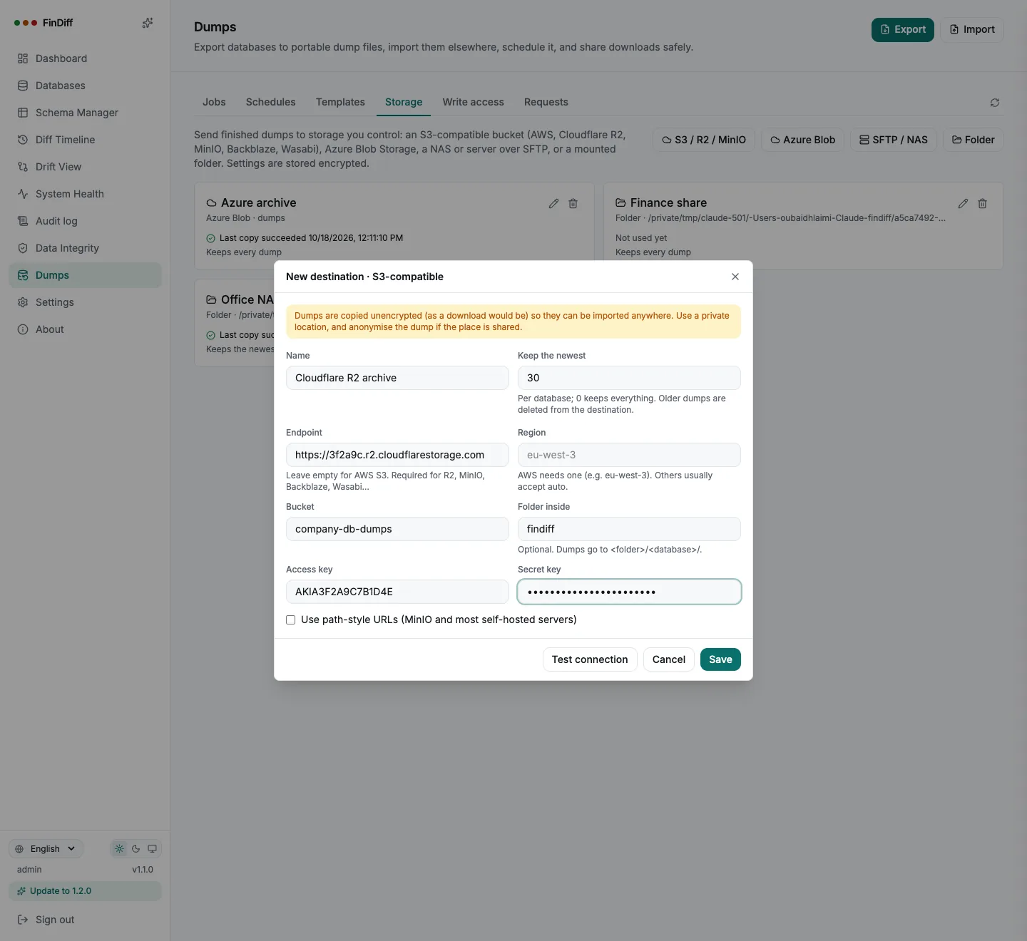 New storage destination form for an S3-compatible bucket such as Cloudflare R2