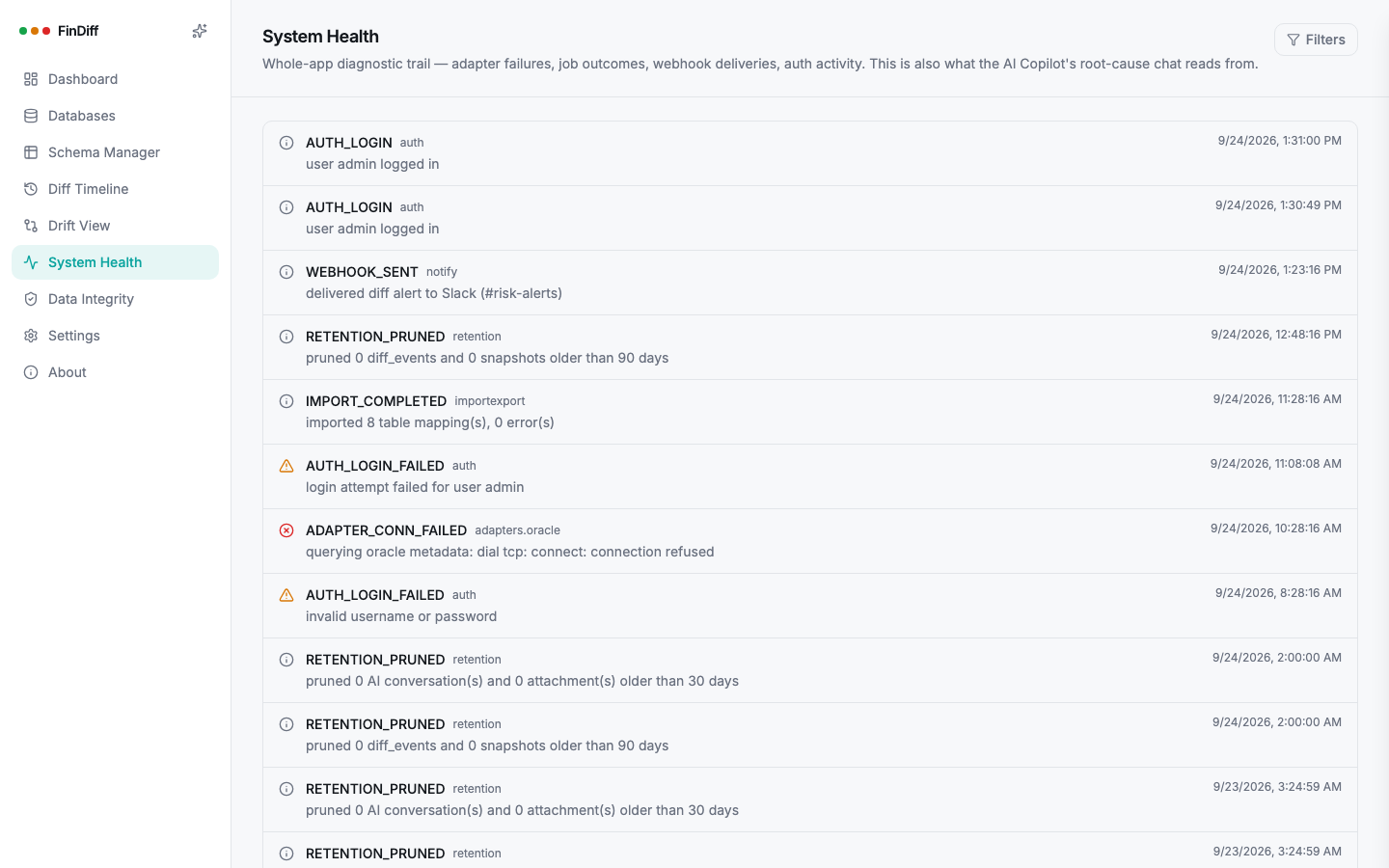 System Health feed showing auth, webhook and adapter events